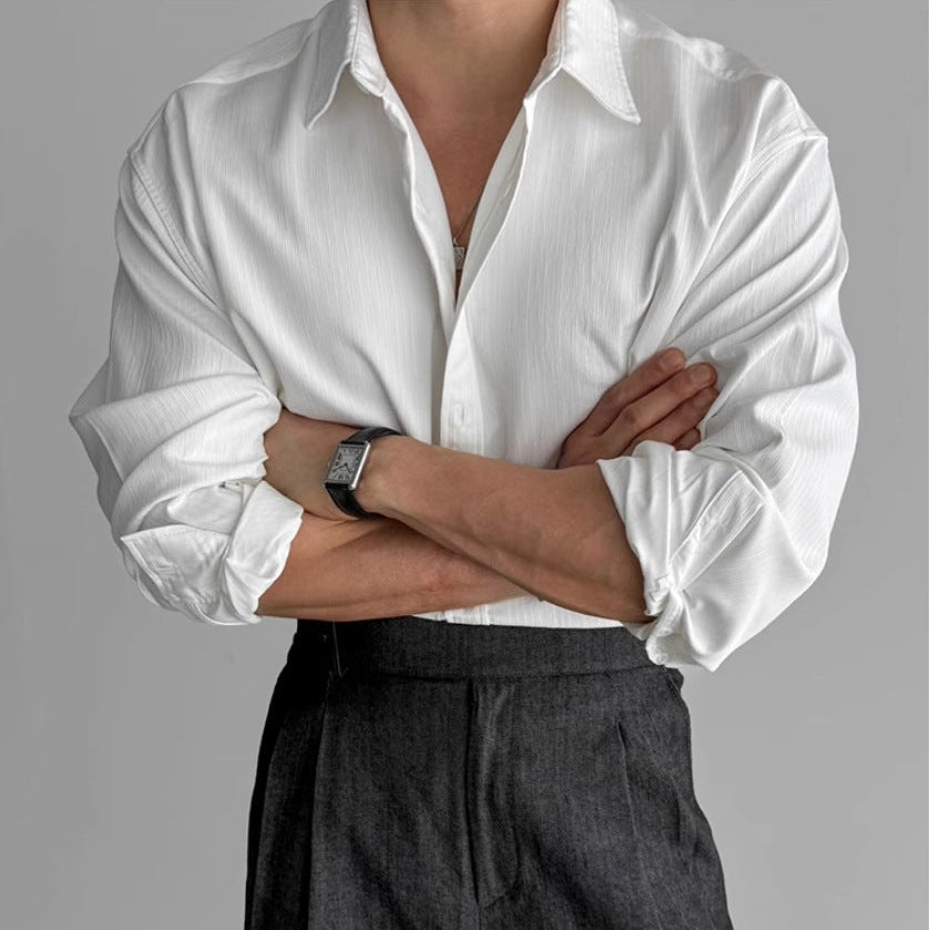 Full view of a lightweight pleated men's shirt with a polished look