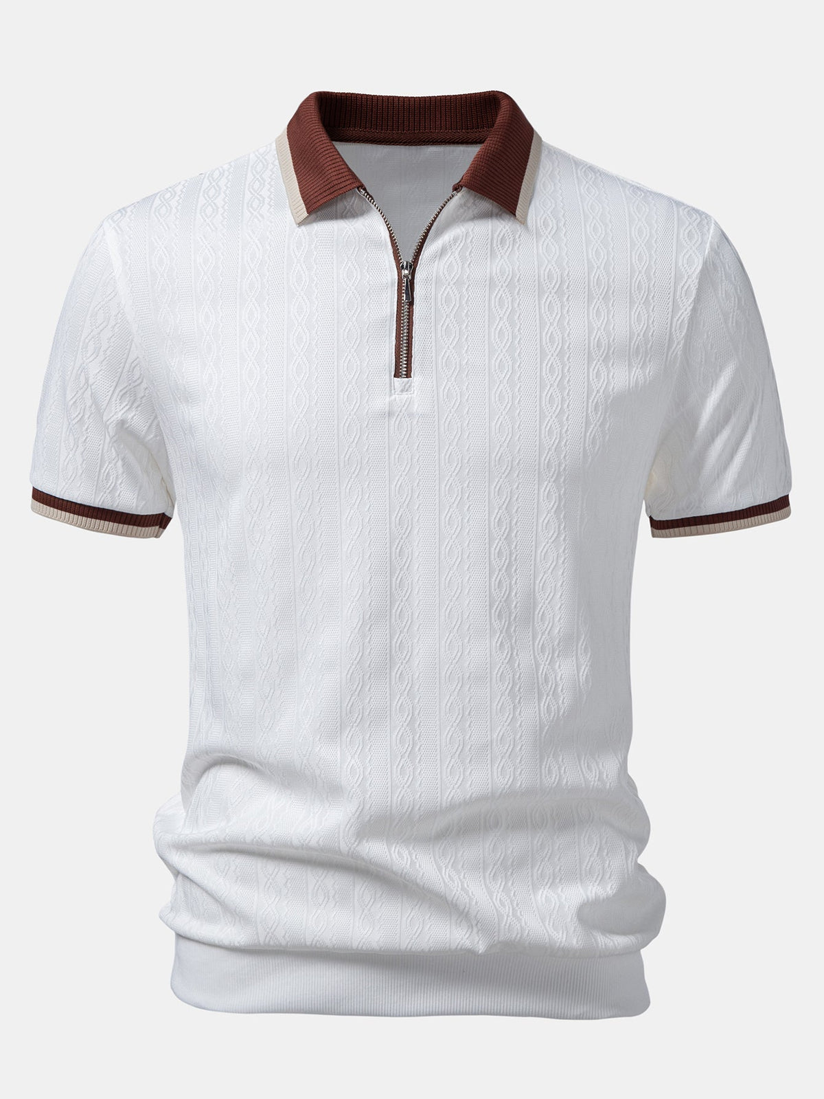 Contrast trim detail on a textured knit polo shirt
