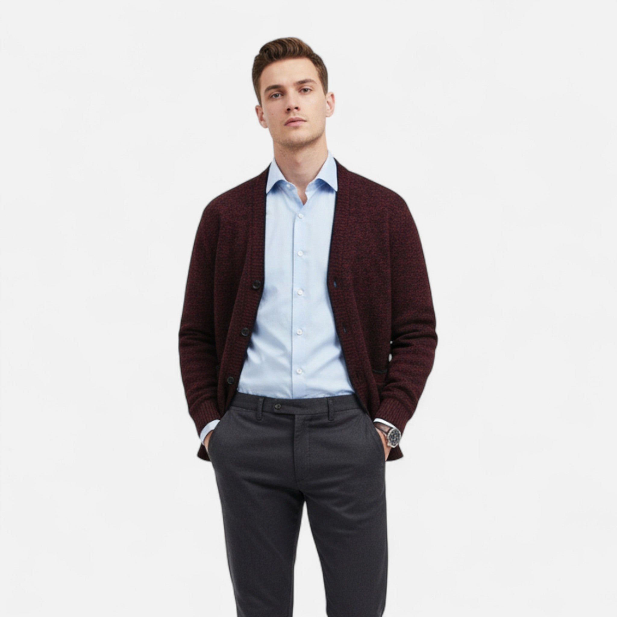 Front view of men's knit cardigan sweater with button closure