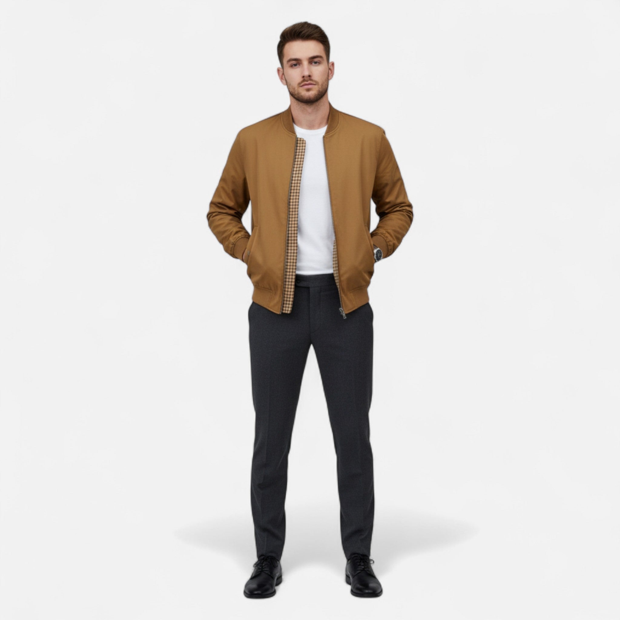 Front view of men's lightweight bomber jacket with fitted cut