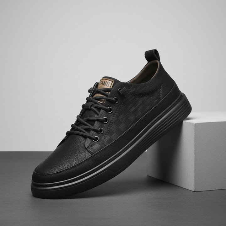 Close-up of men's leather sneaker stitching and material