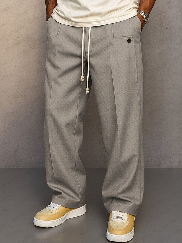 Side view showing the straight-leg cut of men's trousers