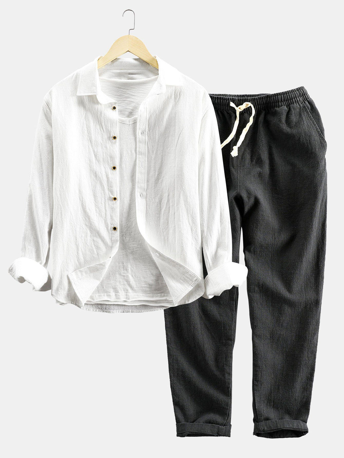 Men's Linen Shirt And Pants Set With Long Sleeves