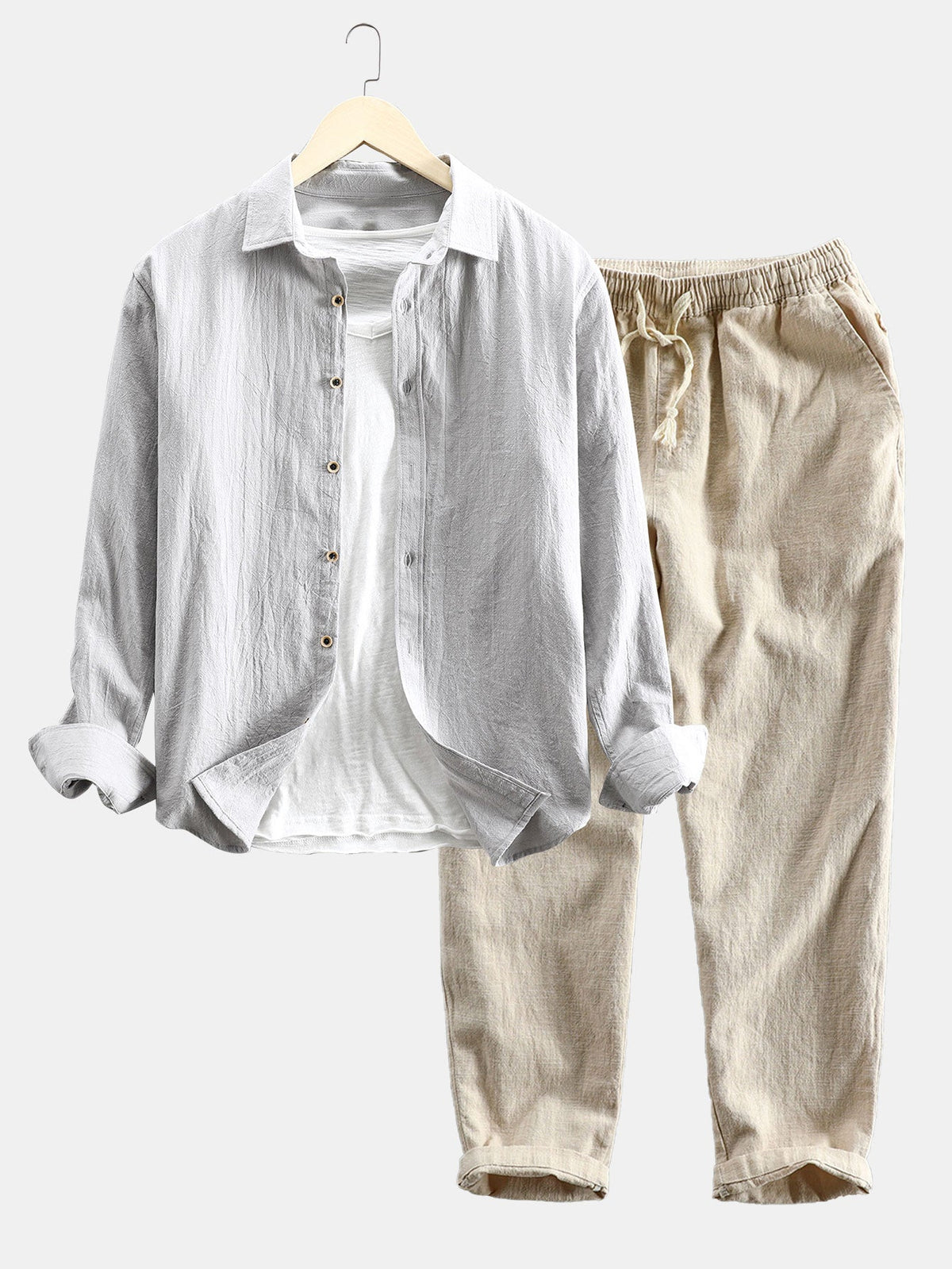 Men's linen shirt and pants set with long sleeves, shown as a coordinated two-piece outfit.
