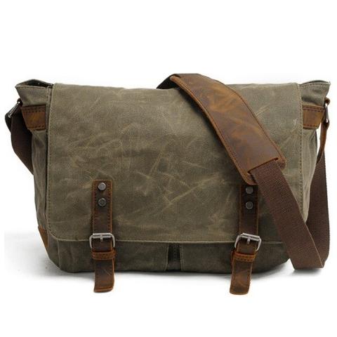 Open vintage crossbody bag for men displaying interior storage compartment