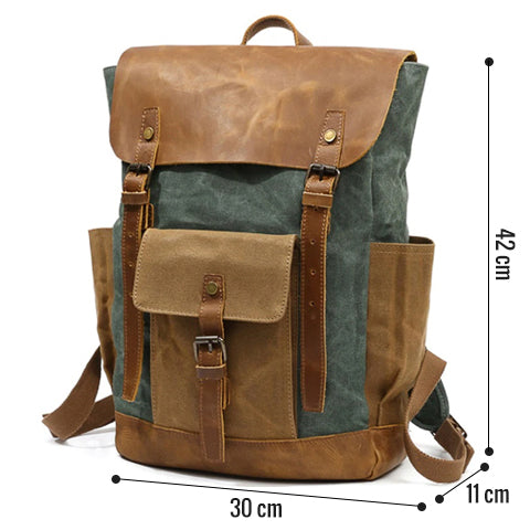 Open vintage backpack showing spacious main compartment for daily essentials
