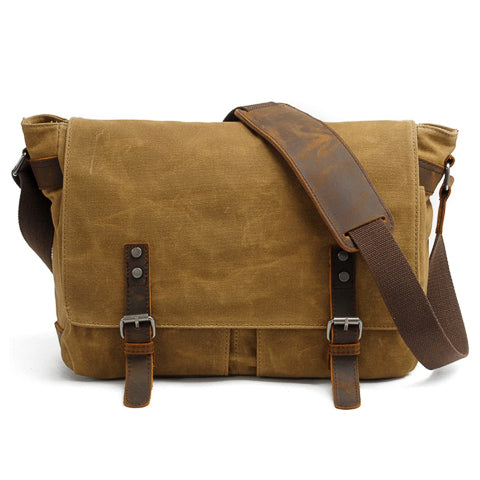 Vintage crossbody bag for men shown from the front with adjustable shoulder strap