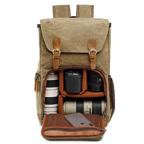 Vintage camera backpack angled view highlighting its structured shape and exterior pockets