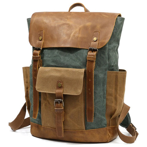 Front view of vintage style backpack with structured shape and roomy storage