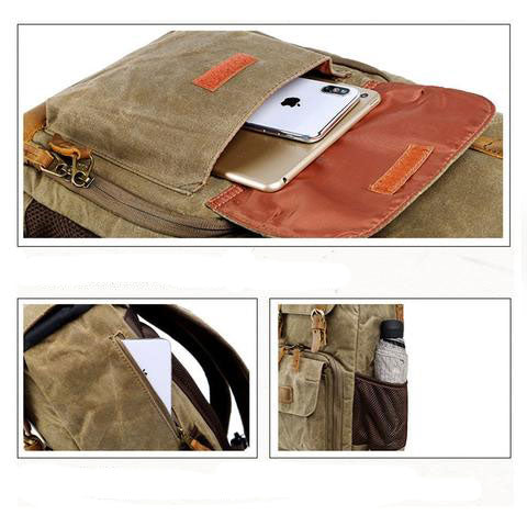 Vintage camera backpack with compartments arranged for camera and accessories