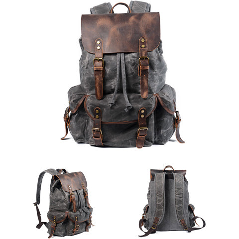 Close-up of canvas backpack material, buckles, and stitching details