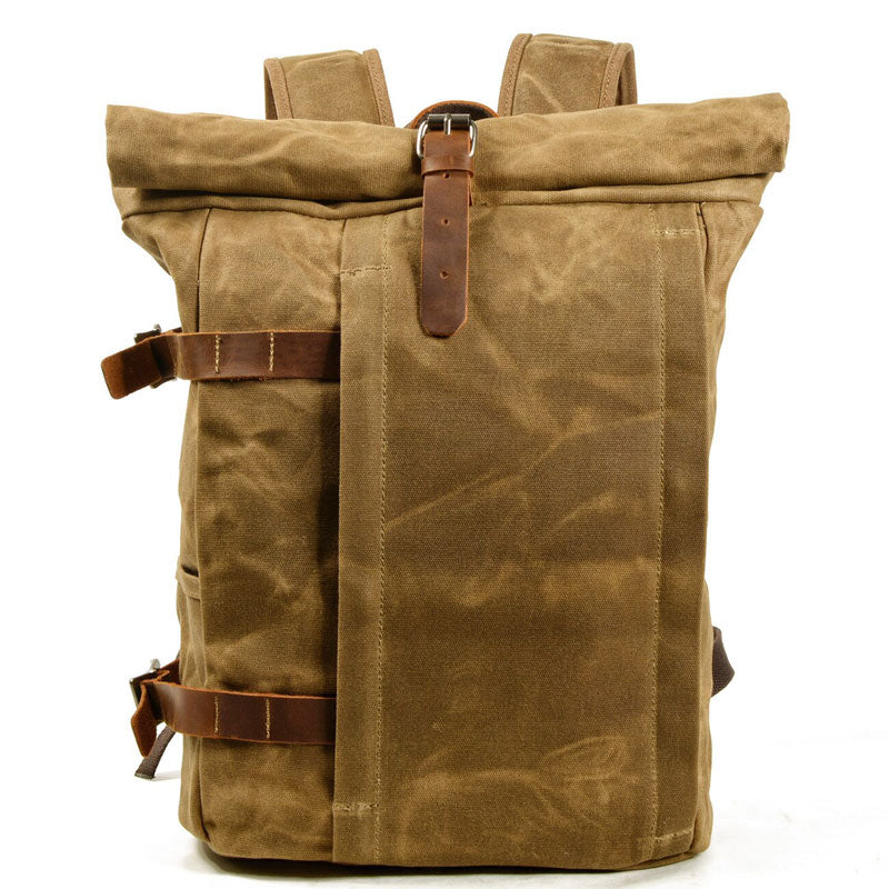 Vintage motorcycle backpack shown from the front with classic everyday carry styling