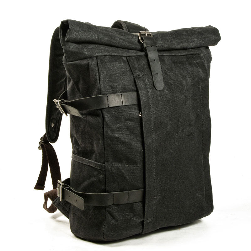 Open vintage motorcycle backpack displaying spacious interior for everyday essentials