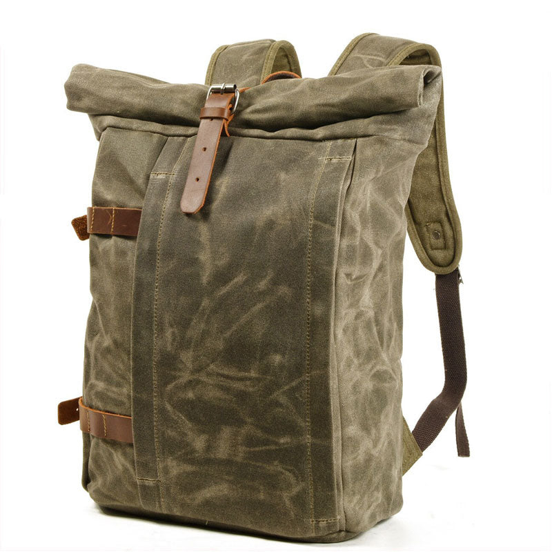 Back view of vintage motorcycle backpack showing shoulder straps and rear panel