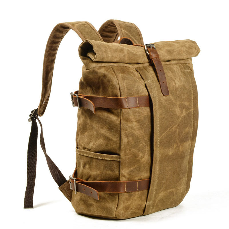 Vintage motorcycle backpack from a three-quarter angle with structured retro design