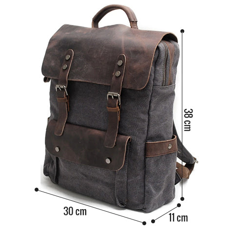 Canvas and leather backpack shown standing upright
