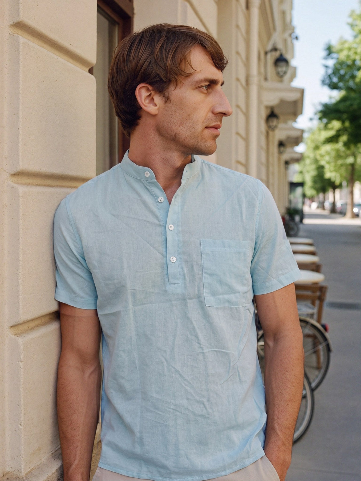 Men's casual cotton shirt featuring a neat stand collar and short sleeves