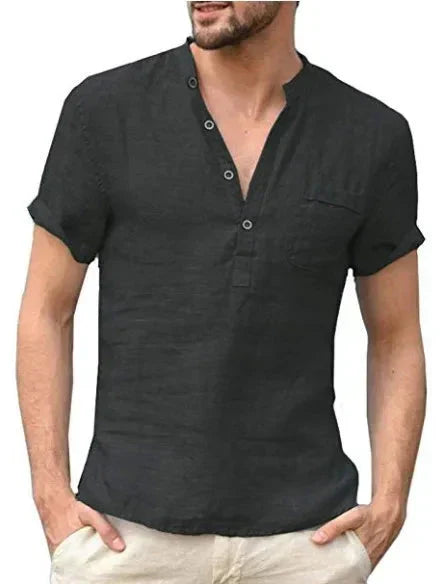 Close-up of the stand collar and cotton fabric on a men's shirt