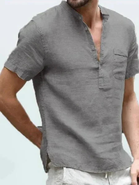 Men's Cotton Short-Sleeve Stand Collar Shirt