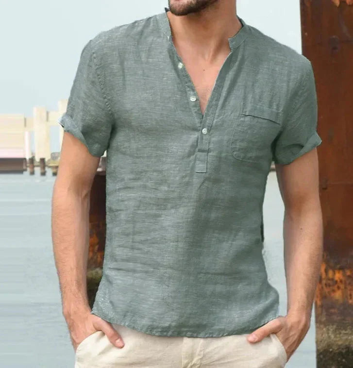 Men's cotton short-sleeve shirt with a stand collar shown from the front