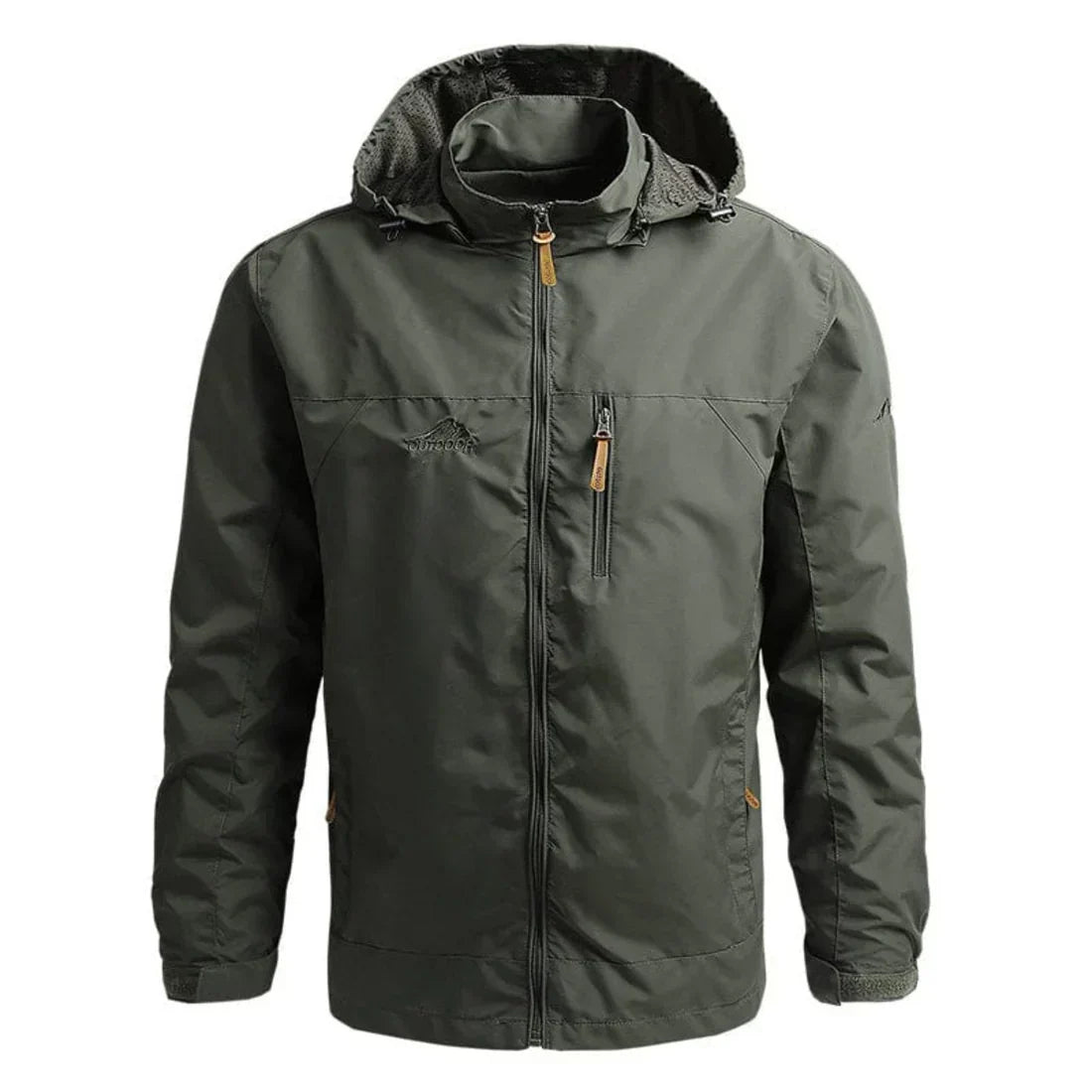 Back view of men's water-resistant hooded jacket with attached hood