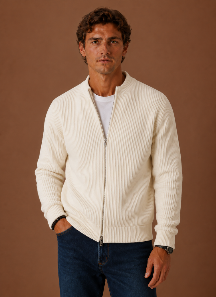 Men's ribbed knit full-zip cardigan sweater shown from the front