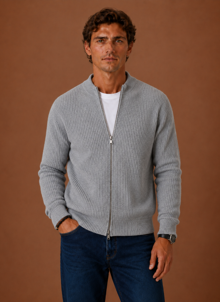 Men's ribbed cardigan sweater with the front zipper fully closed