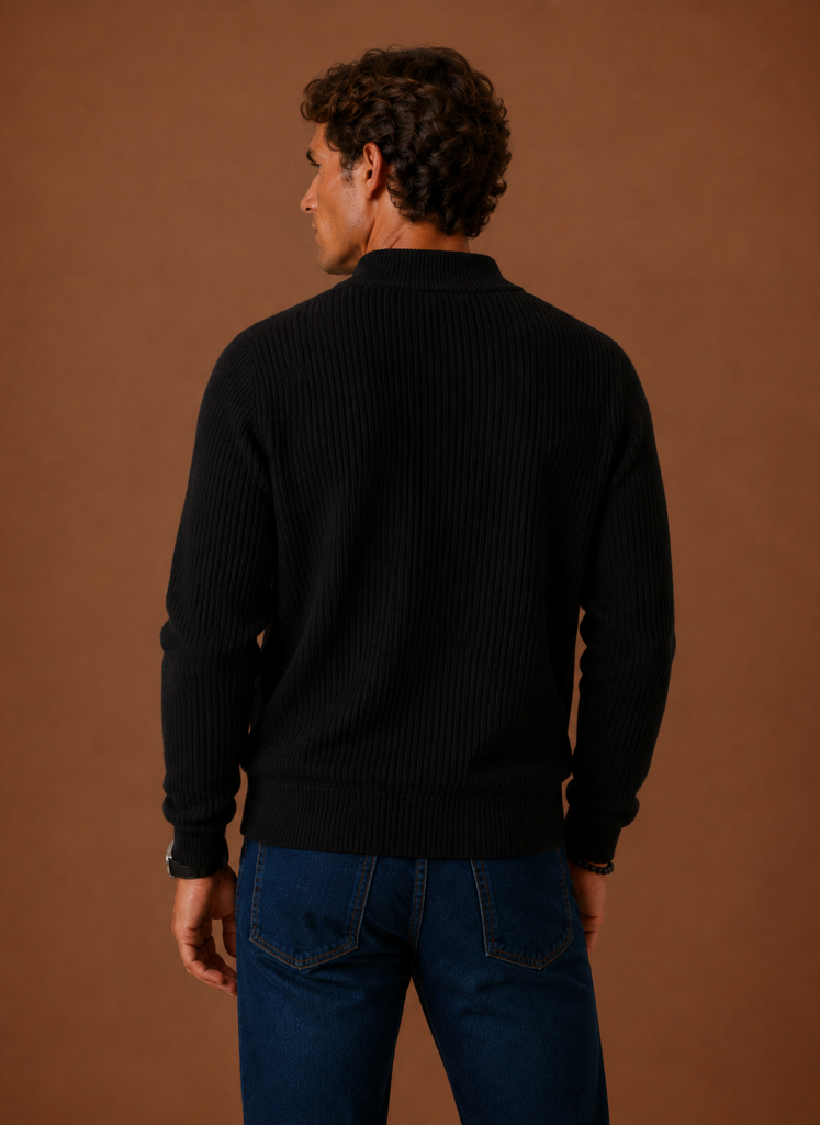 Men's full-zip cardigan sweater showing the collar and front pockets