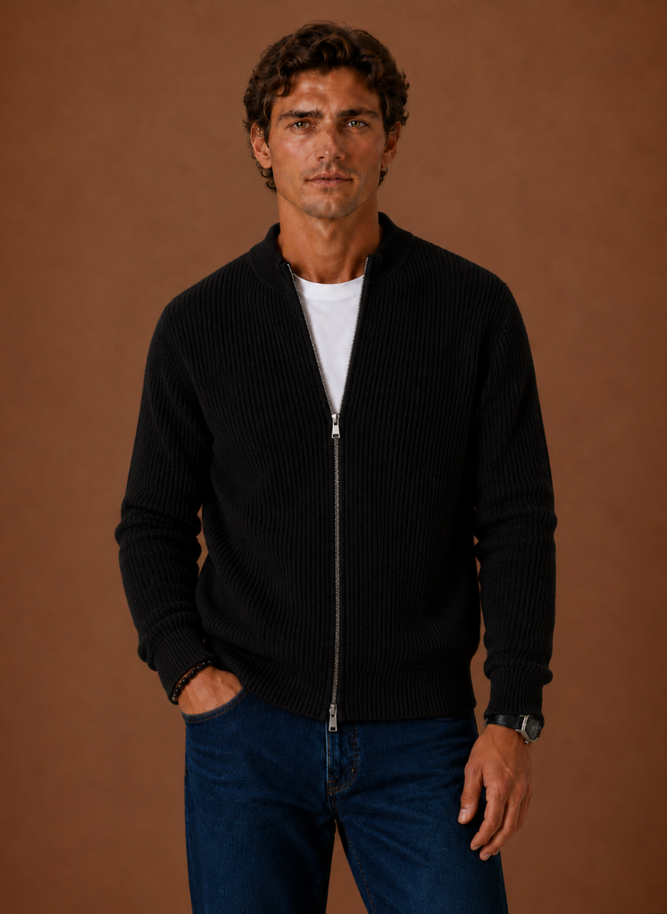 Close-up of the ribbed knit texture on a men's cardigan sweater