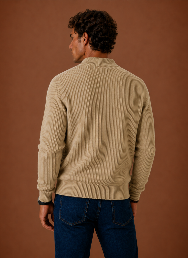 Men's ribbed full-zip cardigan sweater displayed in a casual outfit