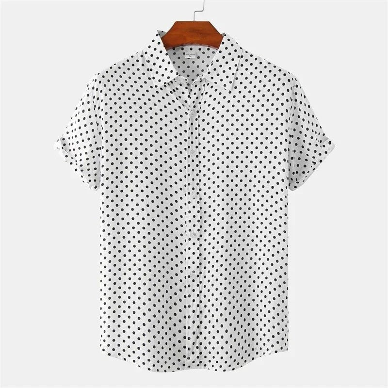 Men's short-sleeve dot shirt showing the button front
