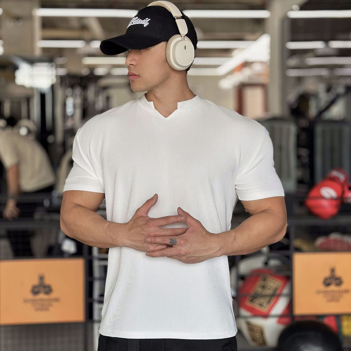 Men's V-neck T-shirt highlighting the casual neckline and short sleeves