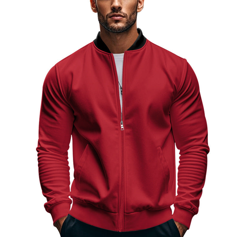 Close view of the stand collar on a men's sweat jacket