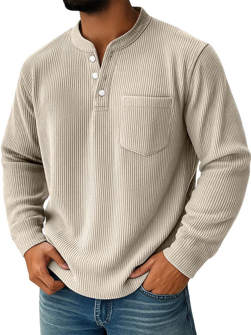 Full view of the Henley shirt highlighting its pocket and textured knit