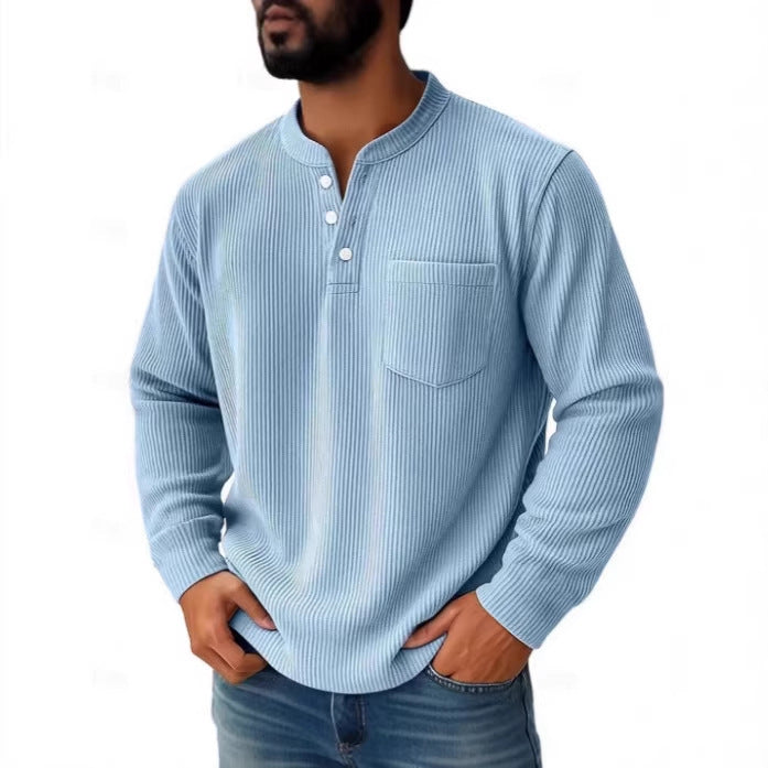 Men's waffle knit Henley shirt shown from the front with a chest pocket