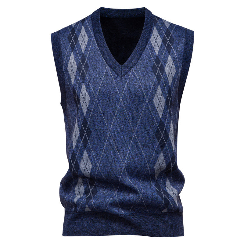 Close-up of the knitted argyle pattern on a cotton-blend vest