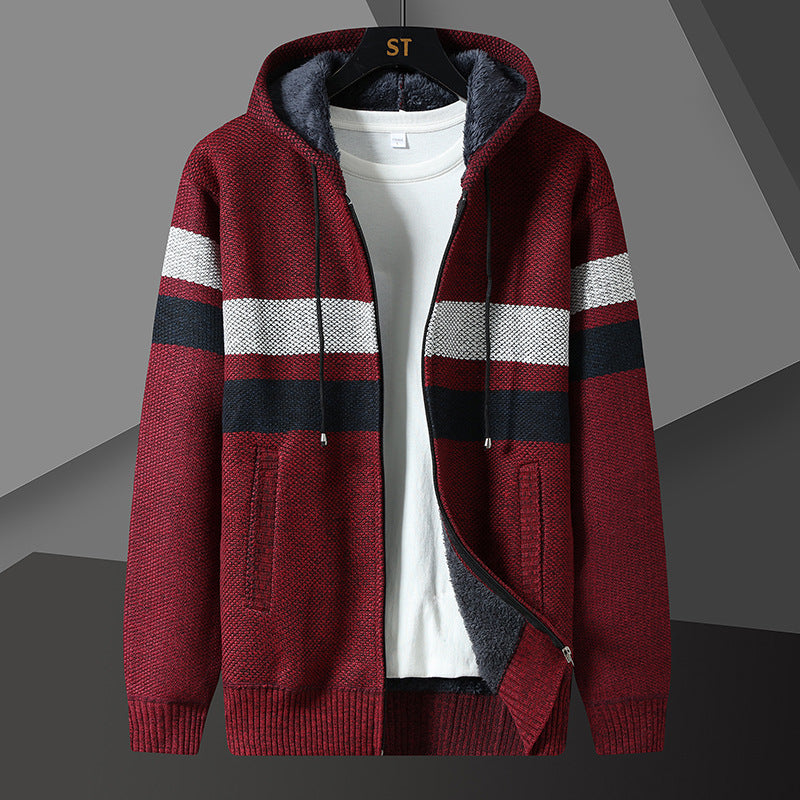 Hood detail on a warm knit jacket for men