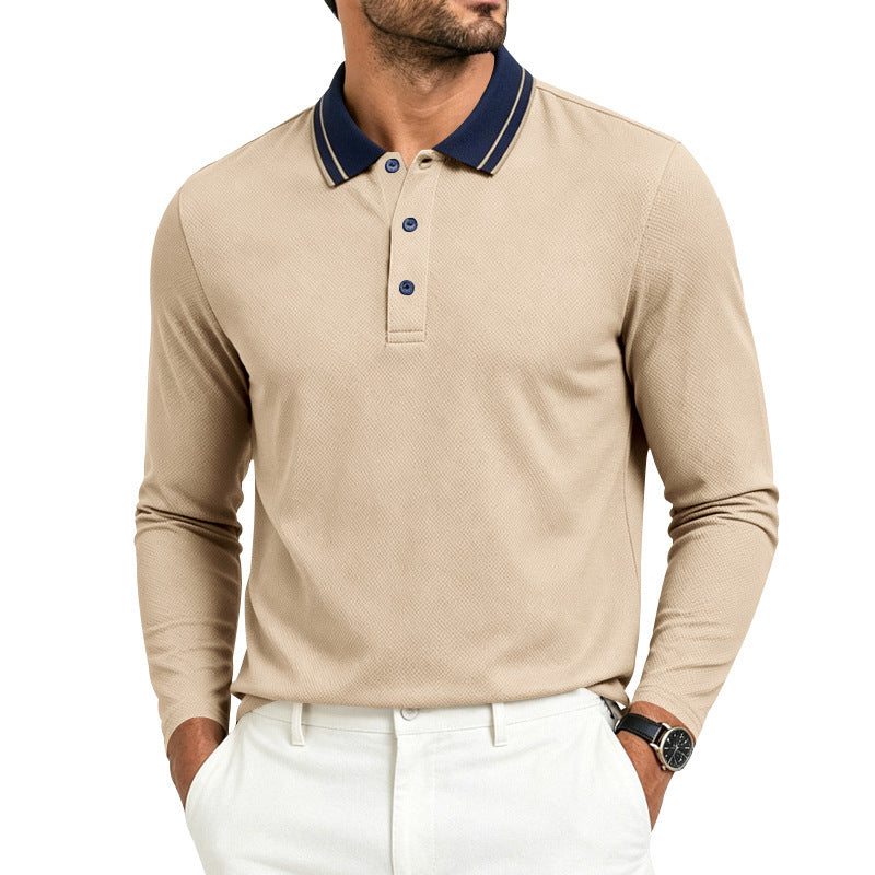 Men's polo shirt showing the contrast collar and three-button placket