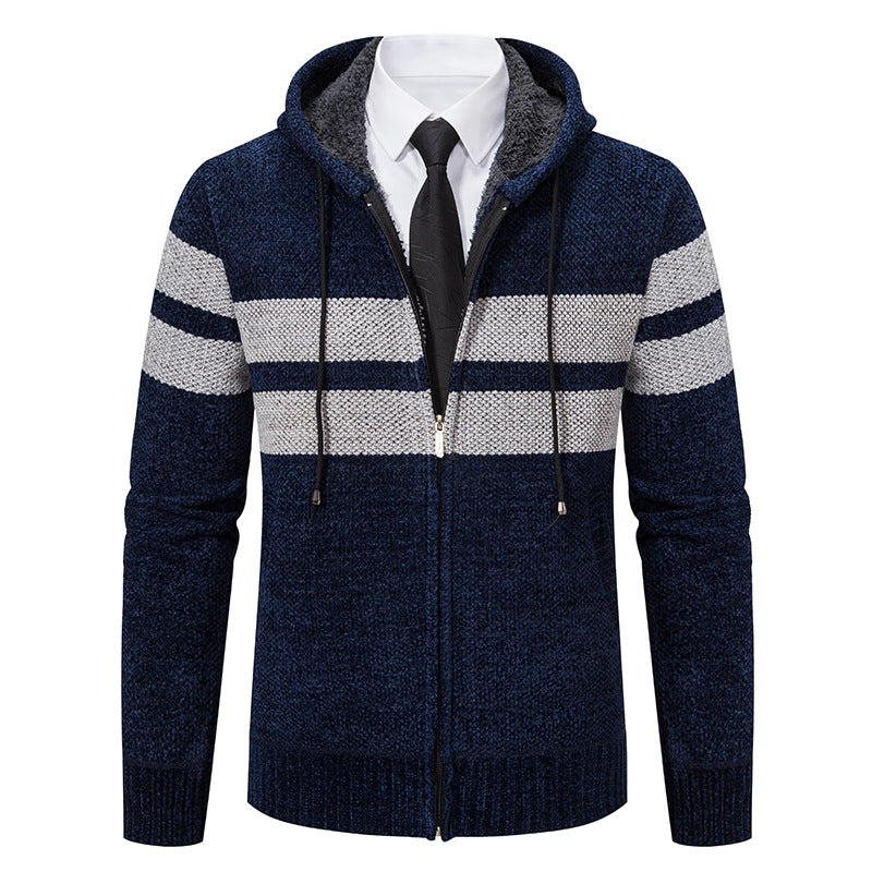Close-up of the knitted texture on a men's hooded jacket