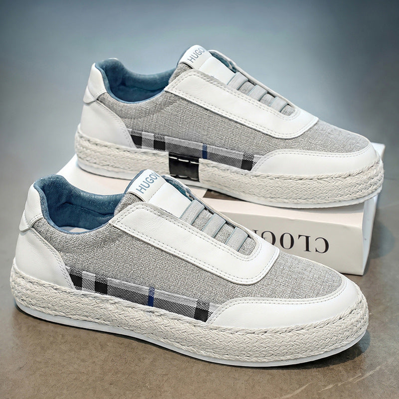 Close-up of the linen upper on men's espadrille sneakers