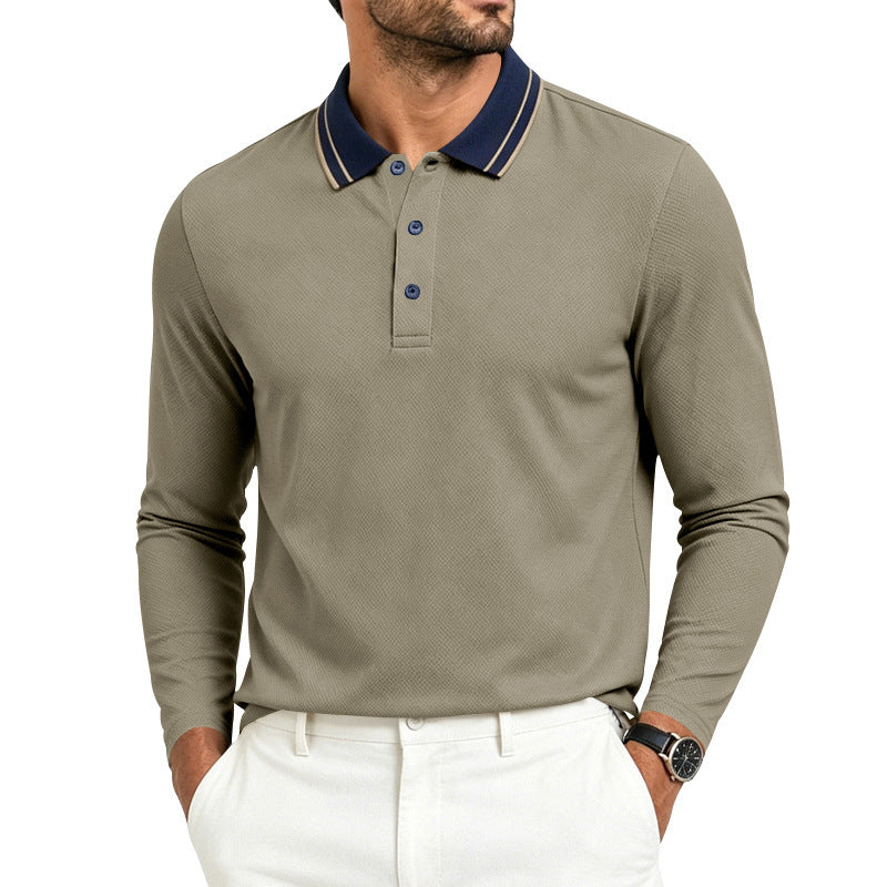 Side view of a long-sleeve men's polo shirt with a contrast collar