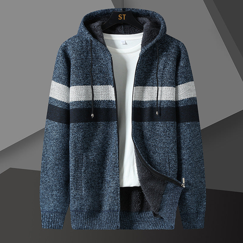 Close-up of the jacket's textured knit exterior and hood