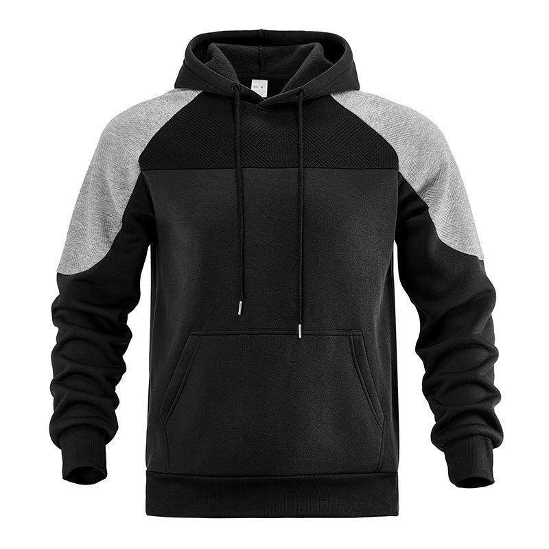 Front view of men's hoodie featuring textured contrast panels
