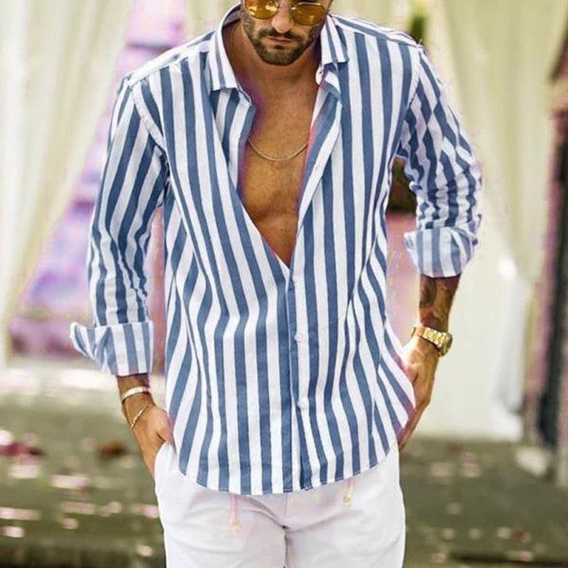 Front view of a men's slim-fit shirt with vertical stripes