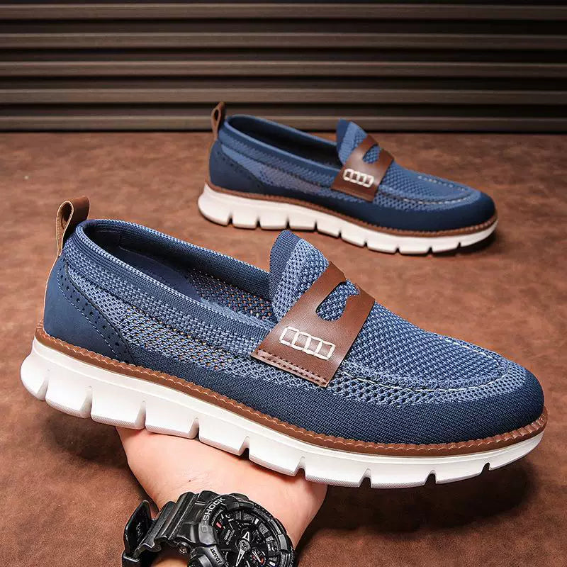 Close-up of the penny strap and leather trim on loafers