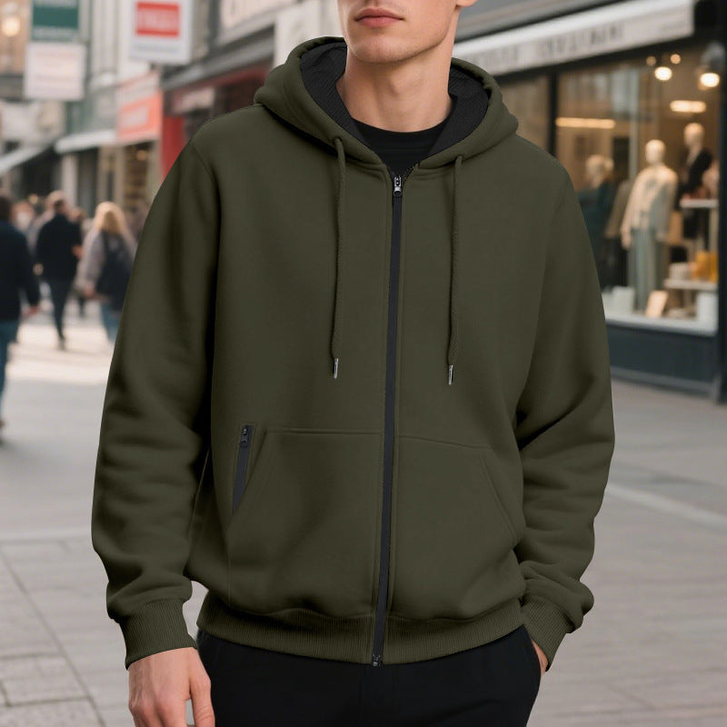 Close-up of the full-zip front and hood on a men's hoodie