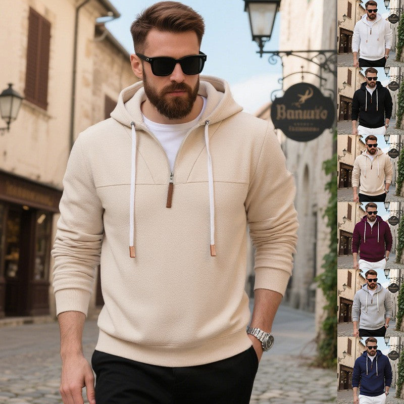 Men's soft fleece half-zip hoodie with a leather zipper