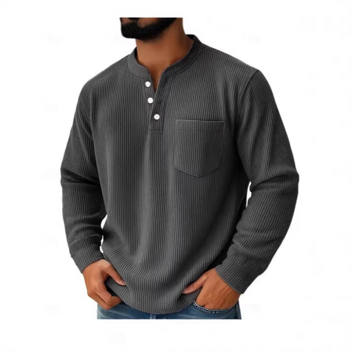 Detailed view of the waffle knit texture on the Henley shirt