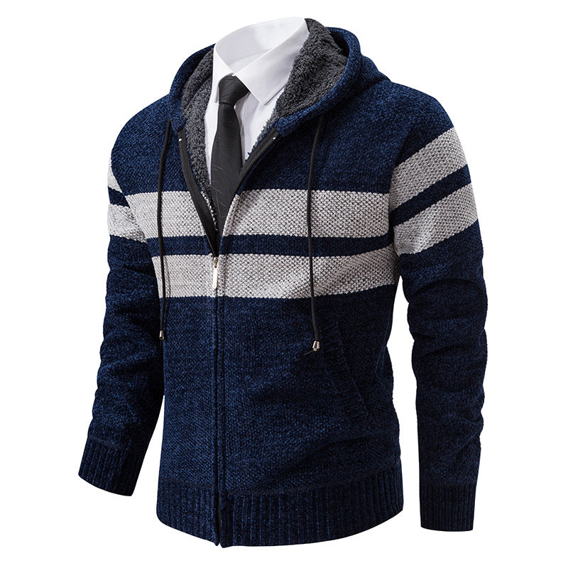 Detailed view of the sleeve and cuff on a men's knit jacket