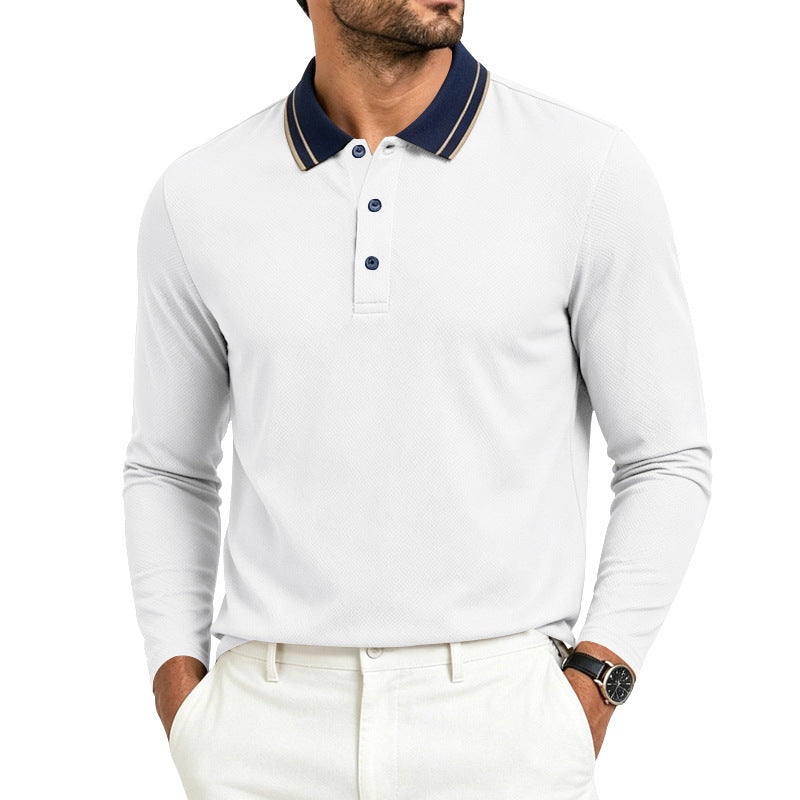 Front view of a men's piqué polo shirt with long sleeves